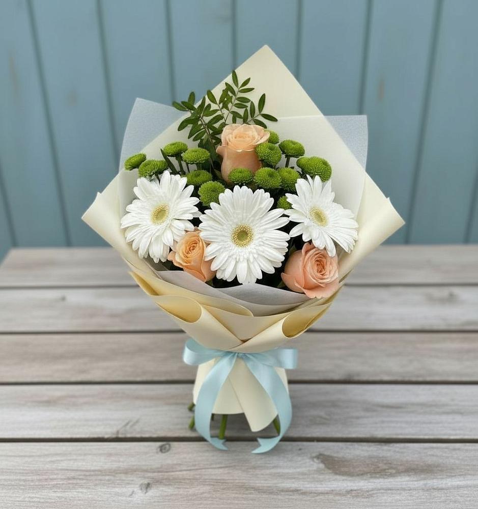 Букет цветов из: Герберы, Розы и Хризантемы в Ленино Республика Крым