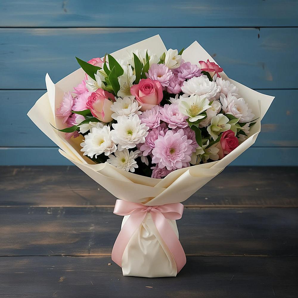 Букет цветов из: Хризантемы, Альстромерии и Розы в Ленино Республика Крым